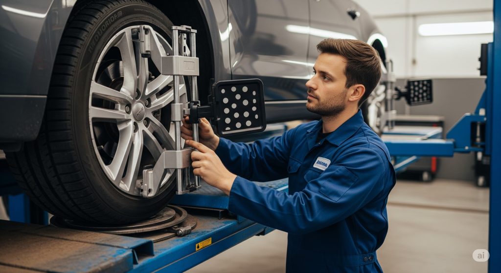 auto sul ponte e un tescnico controlla l'assetto