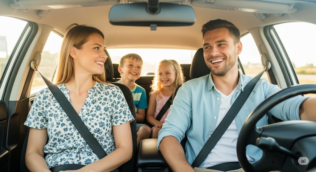 famiglia in auto durante un viaggio in autostrada